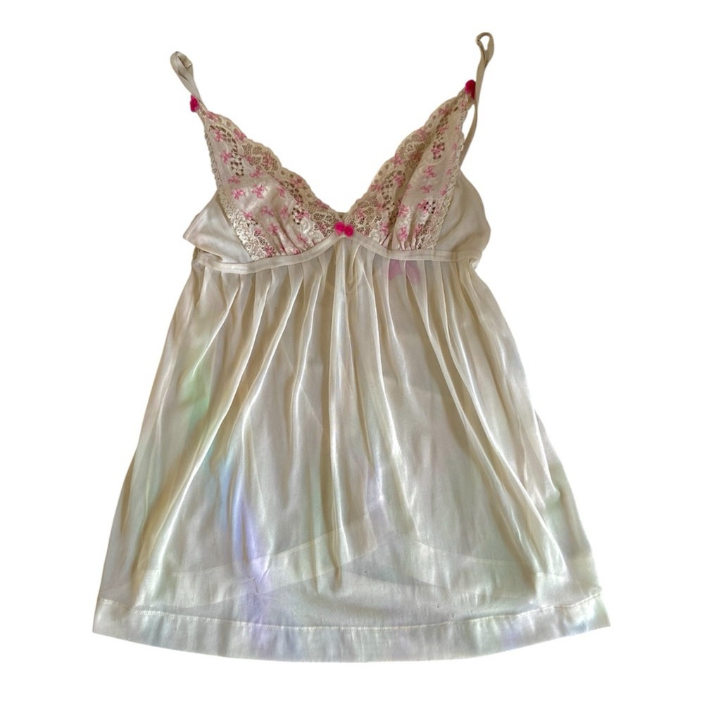 Betsey Johnson Ivory Sheer Babydoll with Pink Floral Lace